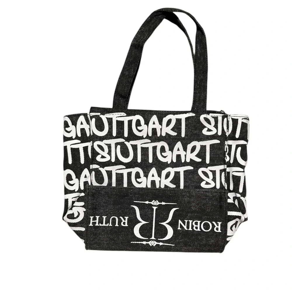 ROBIN RUTH Stuttgart Canvas Tote Bag Black White Aqua Graffiti 100% Cotton NWT
